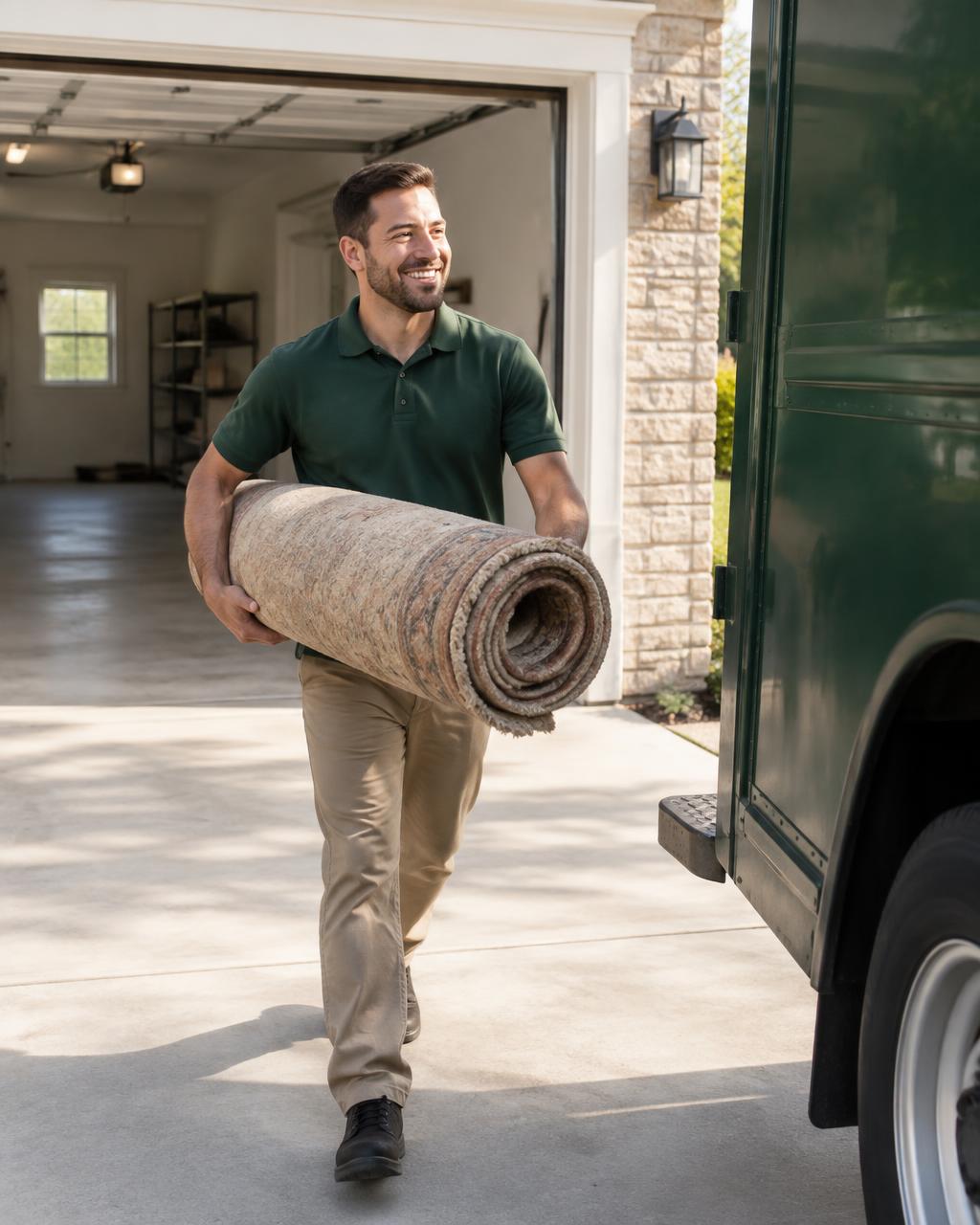 A VexClear crew member hauling away an old rug